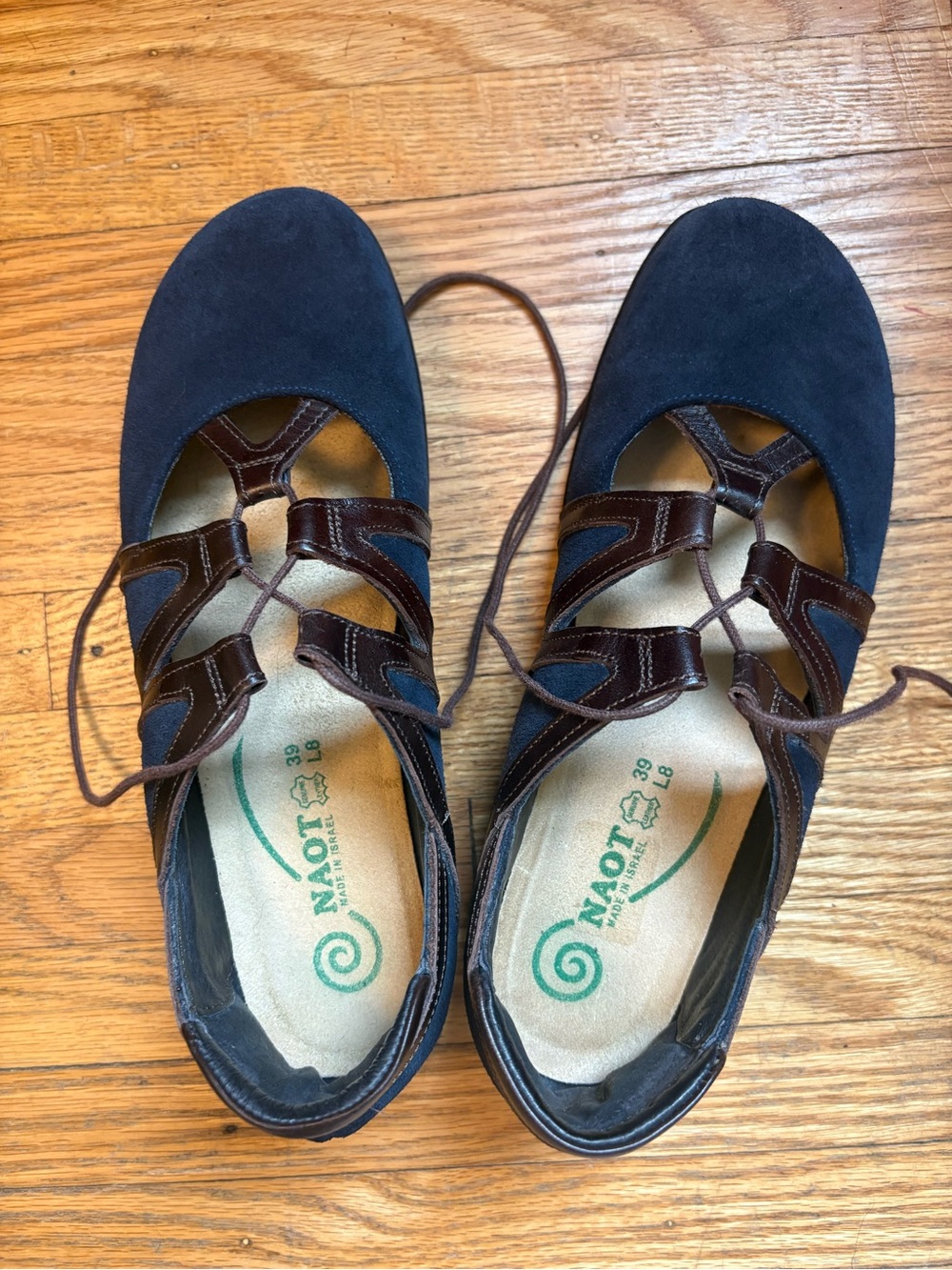 Naot Navy Blue Suede and Brown Leather Lace-Up Flats